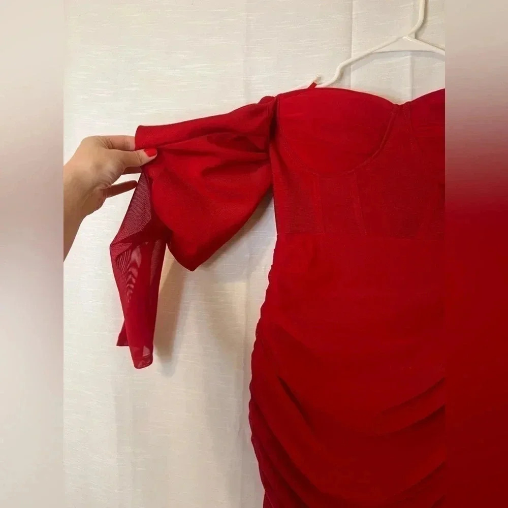 Olivia Mark – Lantern Sleeve Ruched Off Shoulder Bodycon Dress - Picture 12 of 15